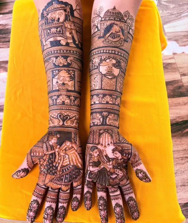 Traditional full-arm mehendi design by Anand Mehendi & Tattoo, Bhubaneswar