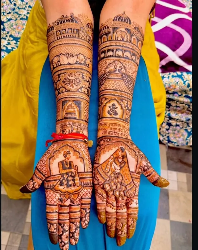 Traditional full-arm mehendi design by Anand Mehendi & Tattoo, Bhubaneswar