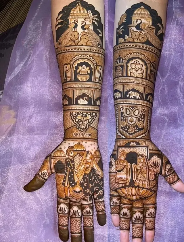 Detailed bridal mehendi design on both arms by Anand Mehendi & Tattoo, Bhubaneswar