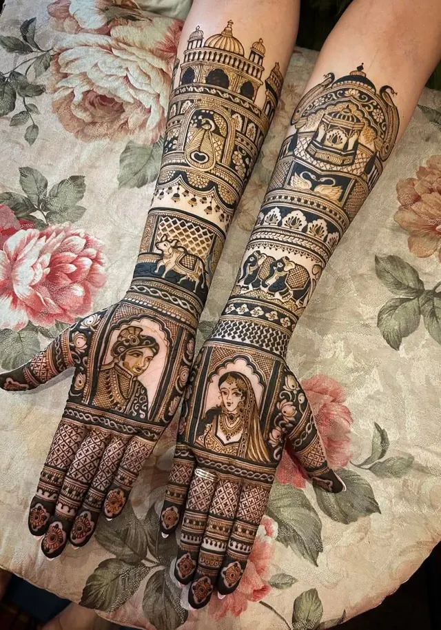 Detailed bridal mehendi design on both arms by Anand Mehendi & Tattoo, Bhubaneswar